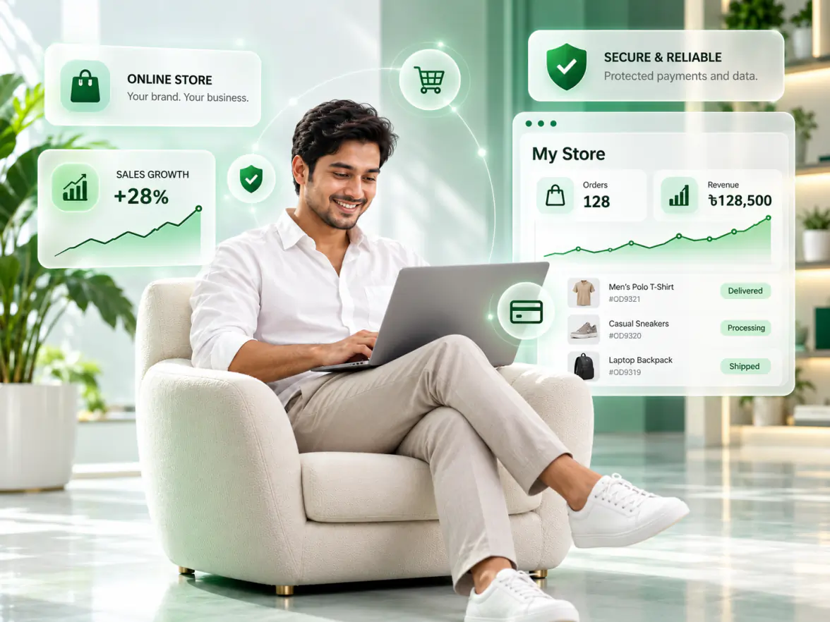 A young entrepreneur running his online store from a laptop in an armchair, surrounded by his orders and sales