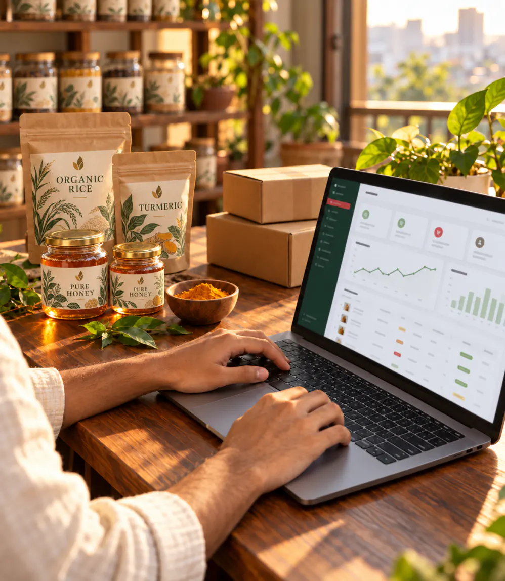 An entrepreneur checking a store dashboard on a laptop at a wooden table, beside packs of rice, turmeric and honey