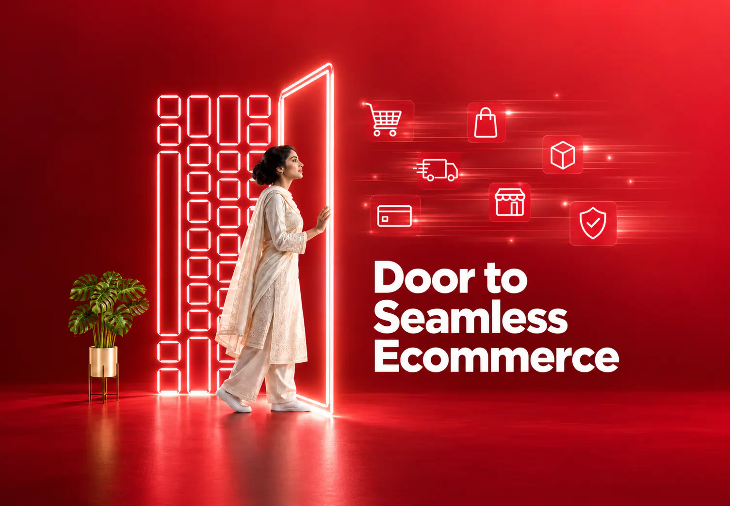 A woman stepping through a glowing doorway beside the words Door to Seamless Ecommerce