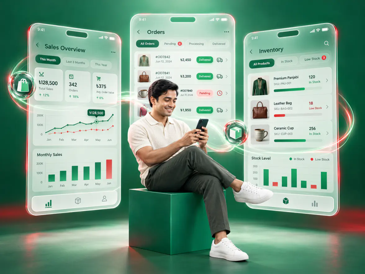 An entrepreneur managing his store on his phone, with screens of his sales, orders and inventory behind him