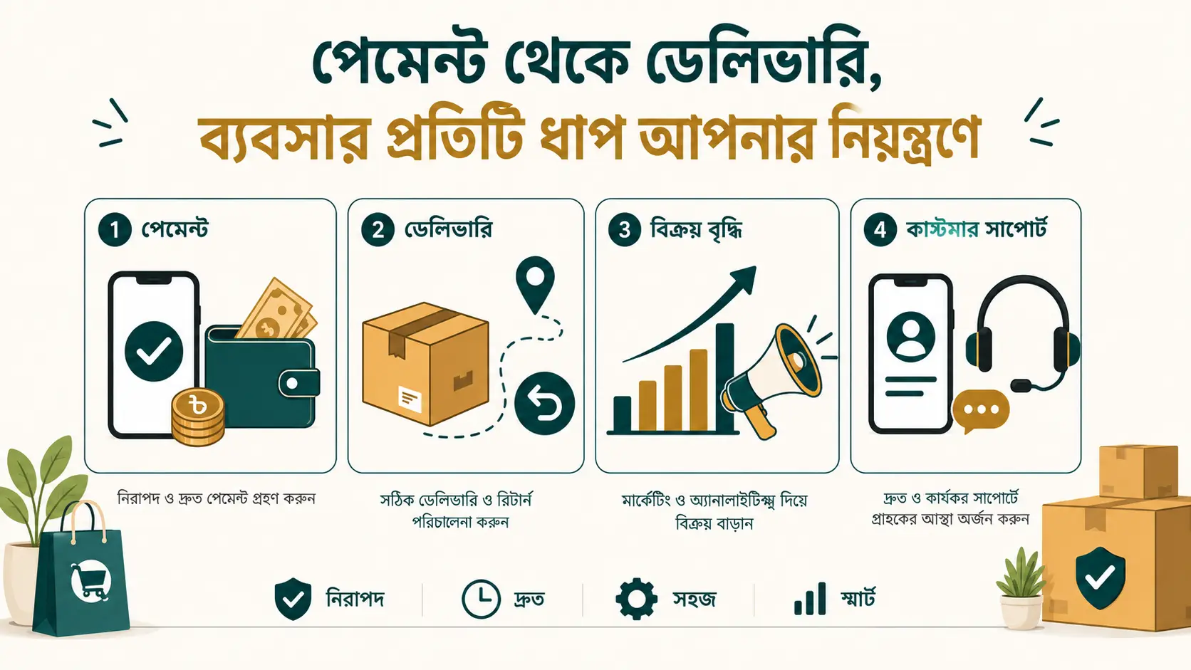 Infographic showing how businesses can control every step from payment to delivery, including payment processing, delivery and returns, sales growth through marketing and analytics, and customer support.