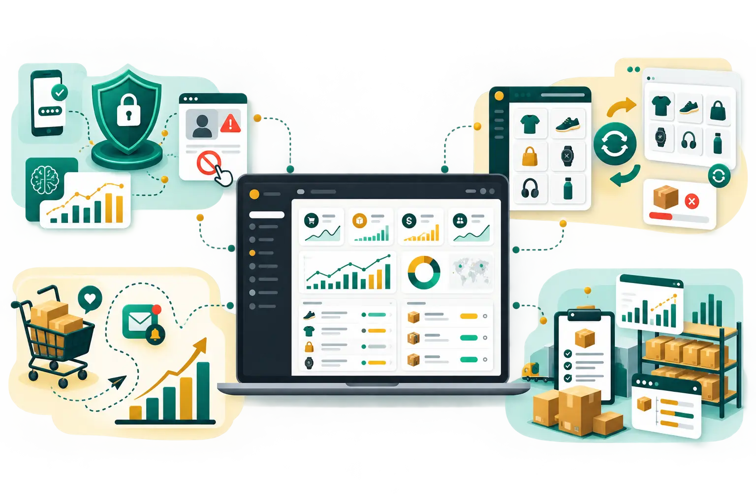 Fraud protection, product catalogue sync, abandoned checkout recovery ও purchase order management-সহ ecommerce dashboard infographic।